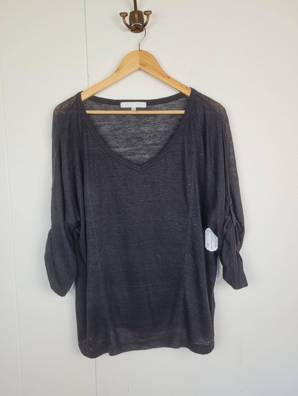 David Findlay Small Charcoal Linen V-Neck Roll Tab Sleeve Top